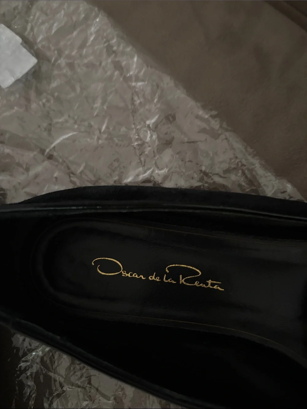 Oscar de la Renta Black Velvet Pointed Toe Flats with Crystal Bow